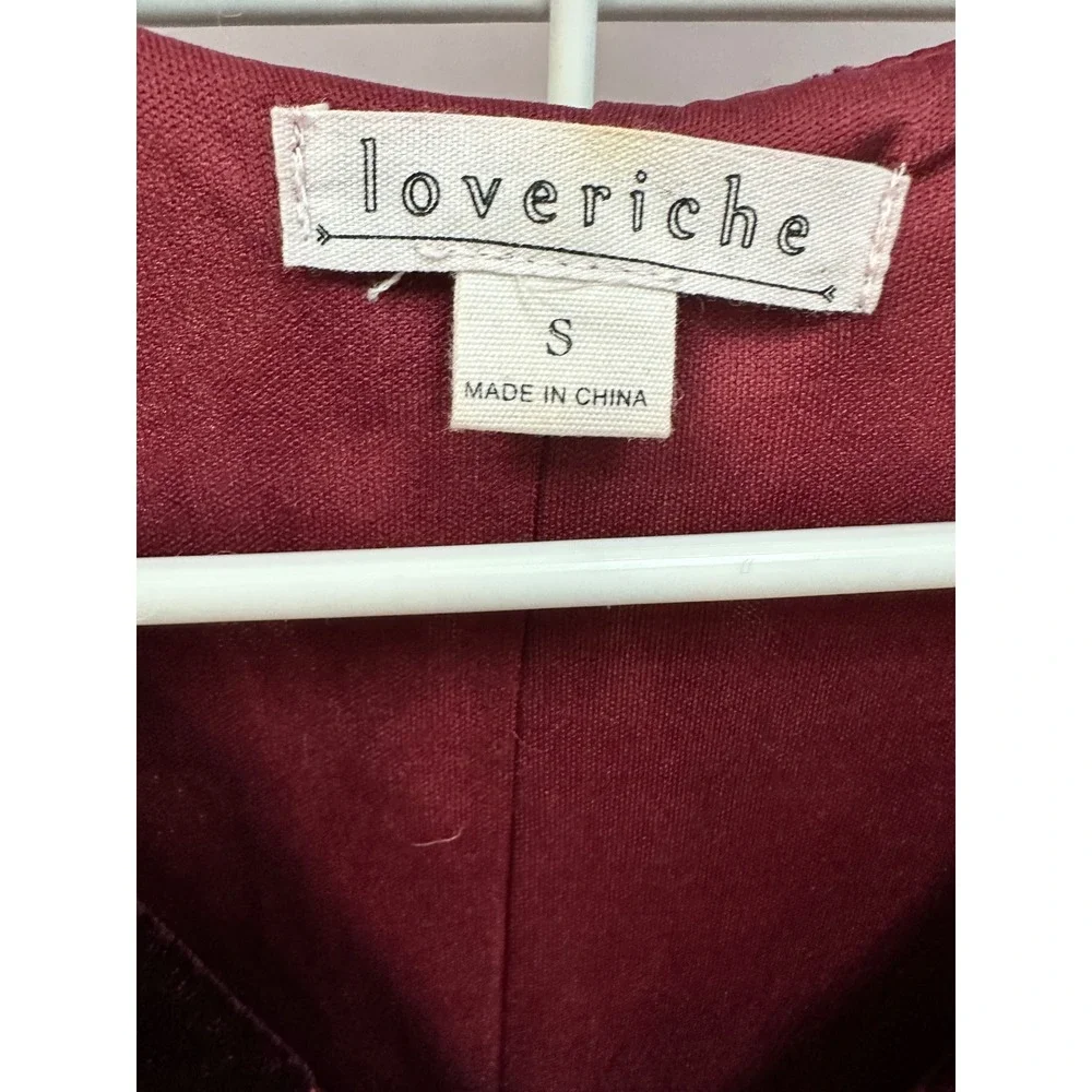Loveriche Velvet Floral Dress Burgundy Pink Long Sleeve V Neck Mini Women's S‎
